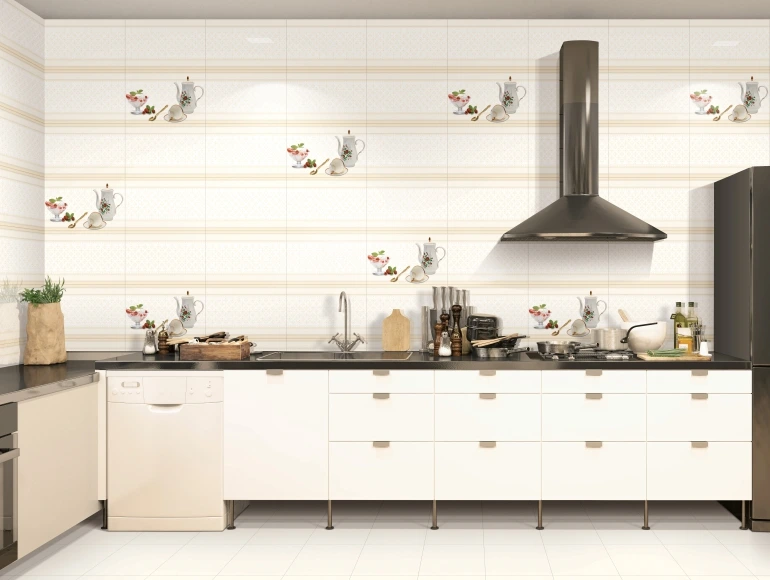 White L shape kitchen design with black countertops, tea-themed tiles, and modern appliances.